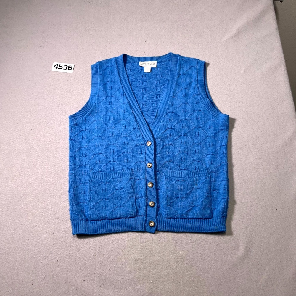 Vintage Carly Blake Cardigan Sweater Vest Womens Large Blue Pockets Winter Wear‎